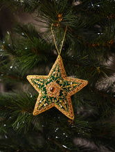 Load image into Gallery viewer, Hand Embroidered Zardozi Xmas Decorations - Green &amp; Gold Stars (Set of 2)