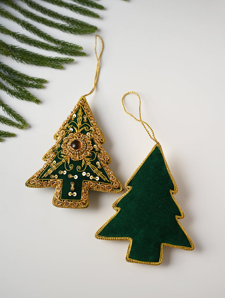 Hand Embroidered Zardozi Xmas Decorations - Green & Gold Xmas Trees (Set of 2)
