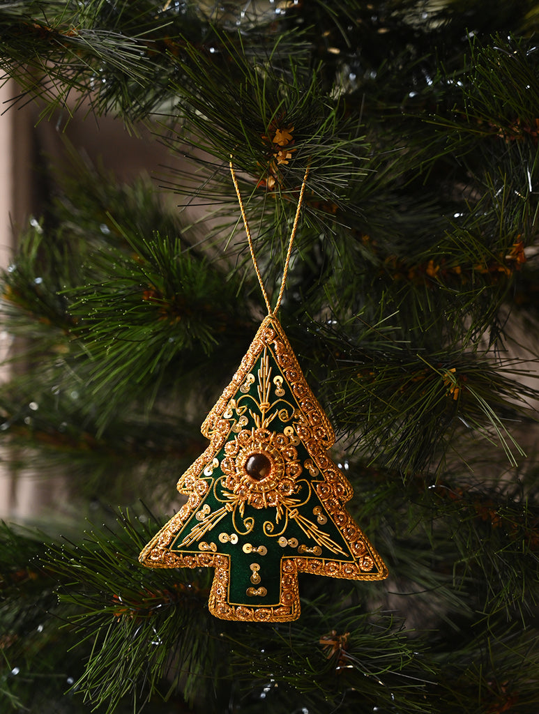 Hand Embroidered Zardozi Xmas Decorations - Green & Gold Xmas Trees (Set of 2)