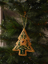 Load image into Gallery viewer, Hand Embroidered Zardozi Xmas Decorations - Green &amp; Gold Xmas Trees (Set of 2)