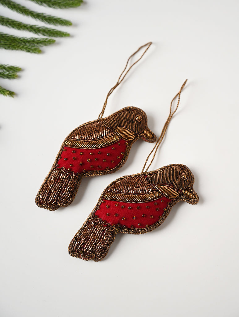 Hand Embroidered Zardozi Xmas Decorations - Red Antique Birds (Set of 2)
