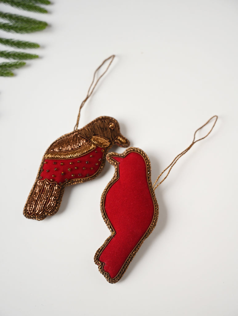 Hand Embroidered Zardozi Xmas Decorations - Red Antique Birds (Set of 2)