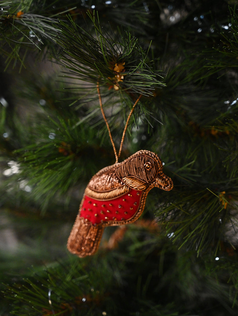 Hand Embroidered Zardozi Xmas Decorations - Red Antique Birds (Set of 2)