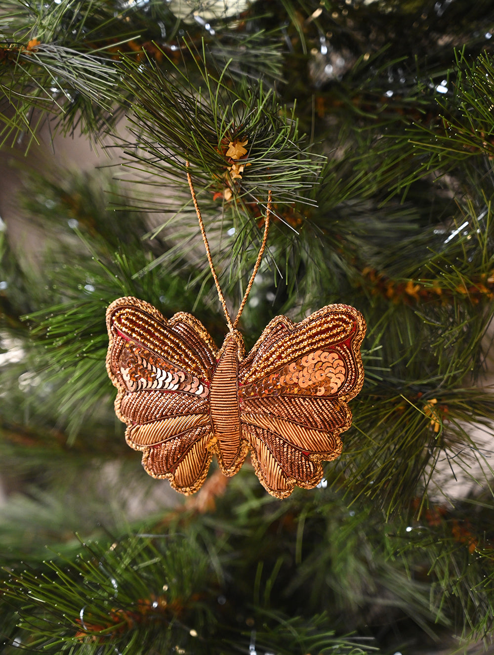Load image into Gallery viewer, Hand Embroidered Zardozi Xmas Decorations - Red Antique Butterflies (Set of 2)