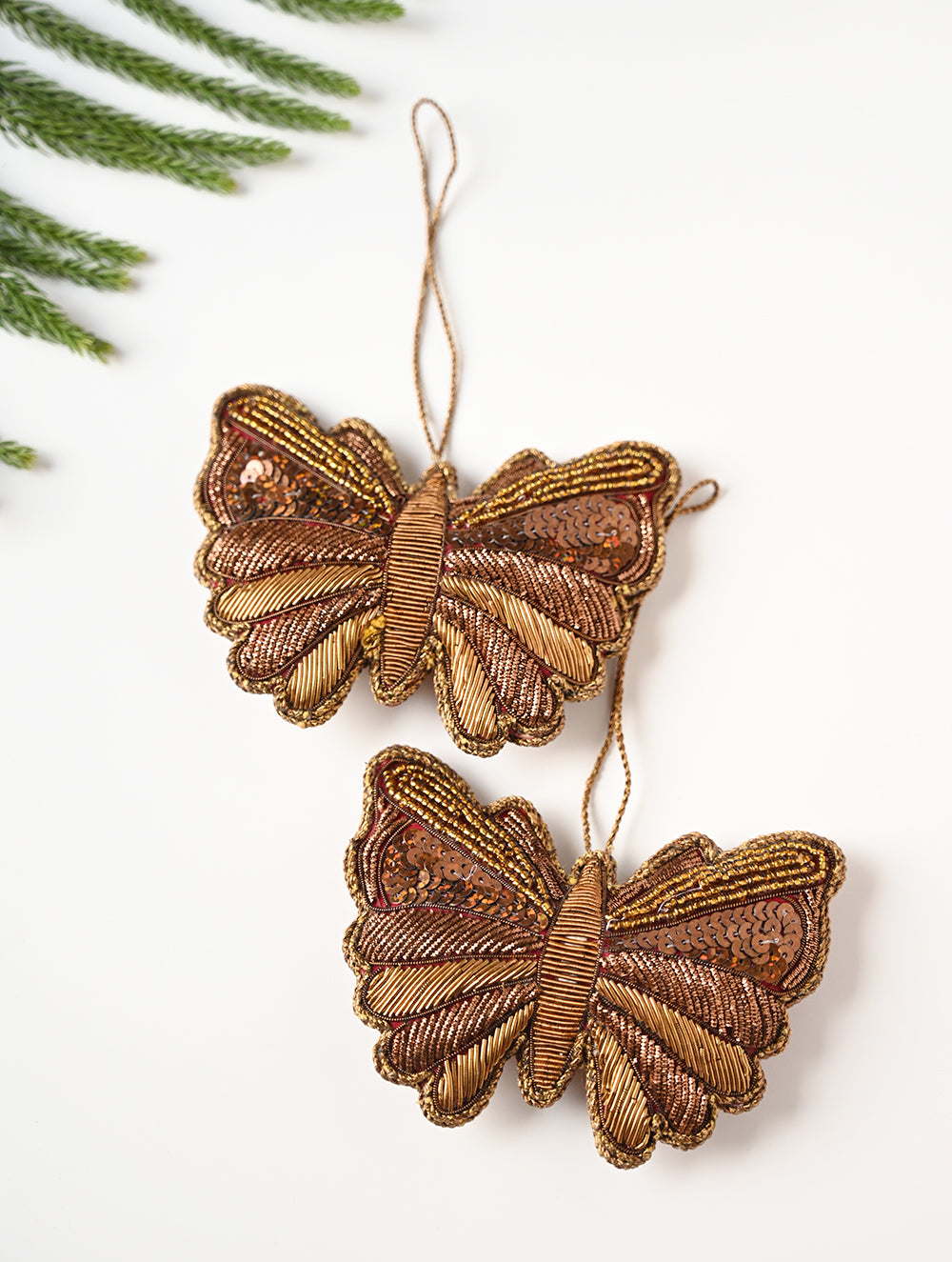 Load image into Gallery viewer, Hand Embroidered Zardozi Xmas Decorations - Red Antique Butterflies (Set of 2)
