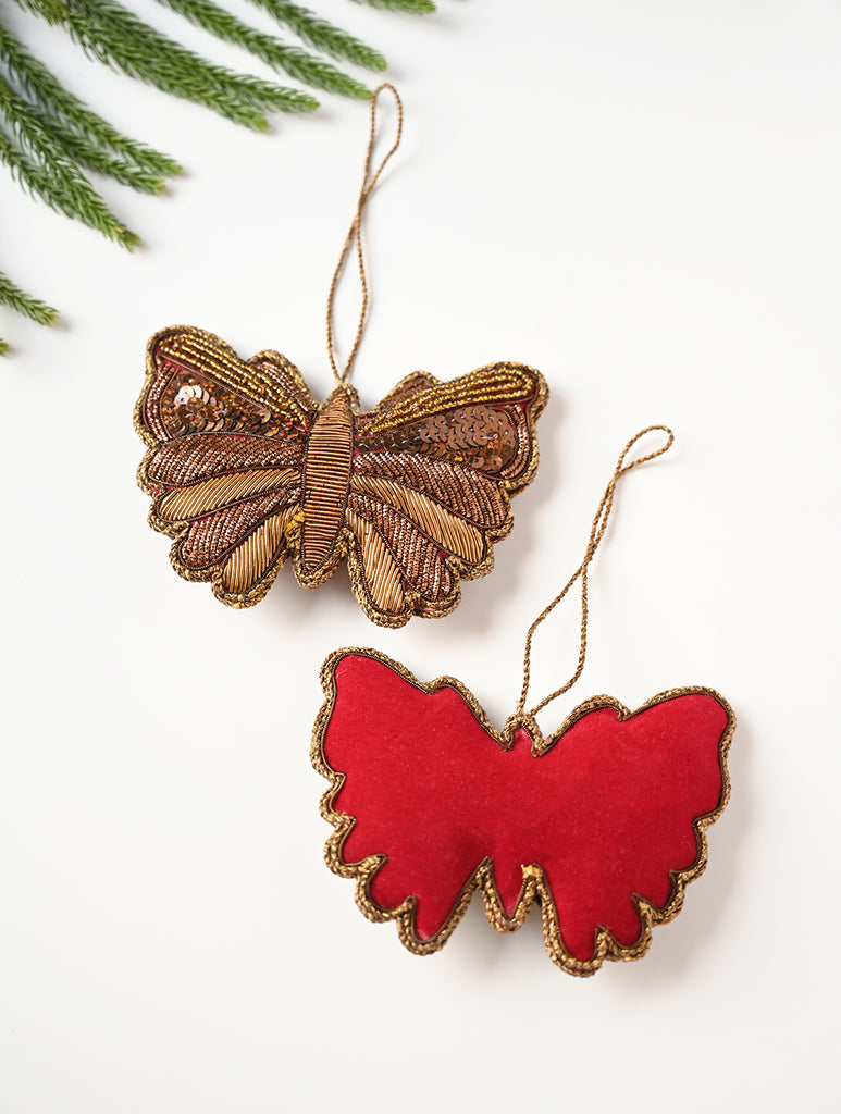 Hand Embroidered Zardozi Xmas Decorations - Red Antique Butterflies (Set of 2)