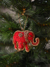 Load image into Gallery viewer, Hand Embroidered Zardozi Xmas Decorations - Red Antique Elephants (Set of 2)