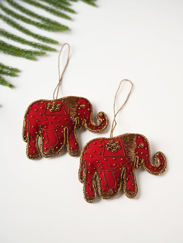 Hand Embroidered Zardozi Xmas Decorations - Red Antique Elephants (Set of 2)