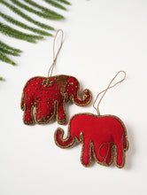 Load image into Gallery viewer, Hand Embroidered Zardozi Xmas Decorations - Red Antique Elephants (Set of 2)