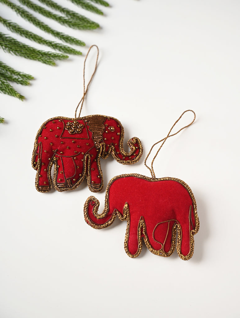 Hand Embroidered Zardozi Xmas Decorations - Red Antique Elephants (Set of 2)