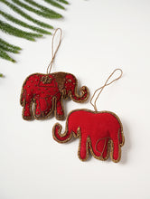 Load image into Gallery viewer, Hand Embroidered Zardozi Xmas Decorations - Red Antique Elephants (Set of 2)