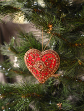 Load image into Gallery viewer, Hand Embroidered Zardozi Xmas Decorations - Red Antique Hearts (Set of 2)