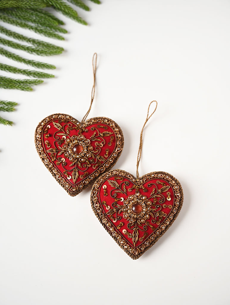 Hand Embroidered Zardozi Xmas Decorations - Red Antique Hearts (Set of 2)