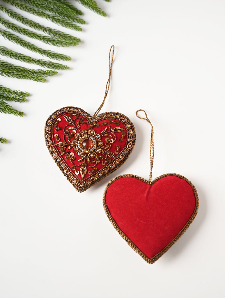 Hand Embroidered Zardozi Xmas Decorations - Red Antique Hearts (Set of 2)