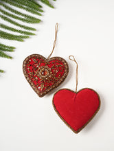 Load image into Gallery viewer, Hand Embroidered Zardozi Xmas Decorations - Red Antique Hearts (Set of 2)