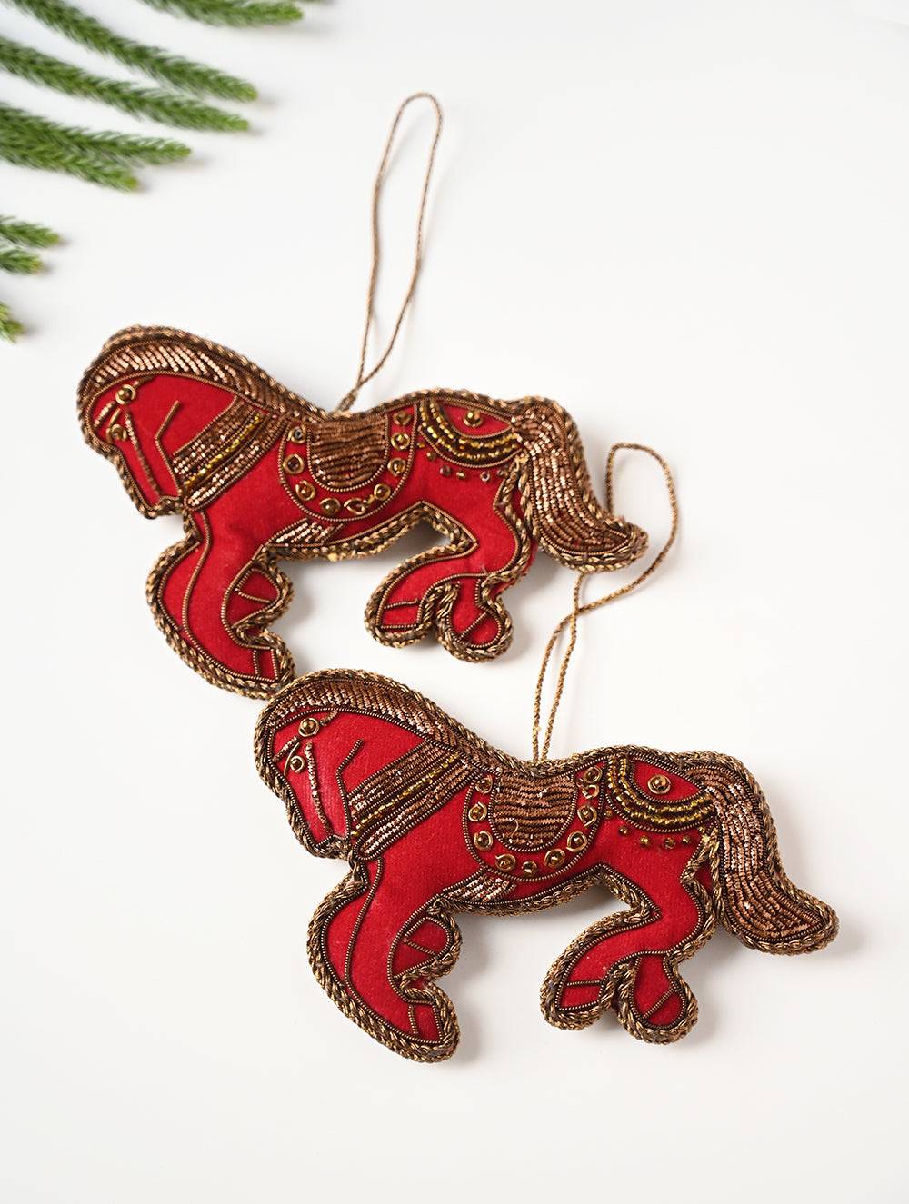 Load image into Gallery viewer, Hand Embroidered Zardozi Xmas Decorations - Red Antique Horses (Set of 2)