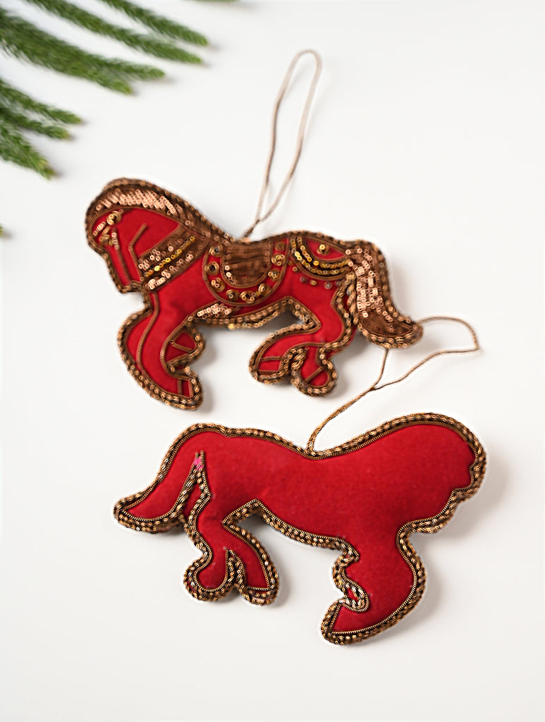 Hand Embroidered Zardozi Xmas Decorations - Red Antique Horses (Set of 2)