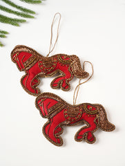 Hand Embroidered Zardozi Xmas Decorations - Red Antique Horses (Set of 2)