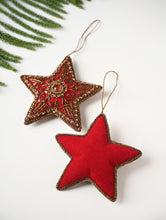 Load image into Gallery viewer, Hand Embroidered Zardozi Xmas Decorations - Red Antique Stars (Set of 2)