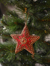 Load image into Gallery viewer, Hand Embroidered Zardozi Xmas Decorations - Red Antique Stars (Set of 2)