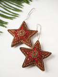 Hand Embroidered Zardozi Xmas Decorations - Red Antique Stars (Set of 2)