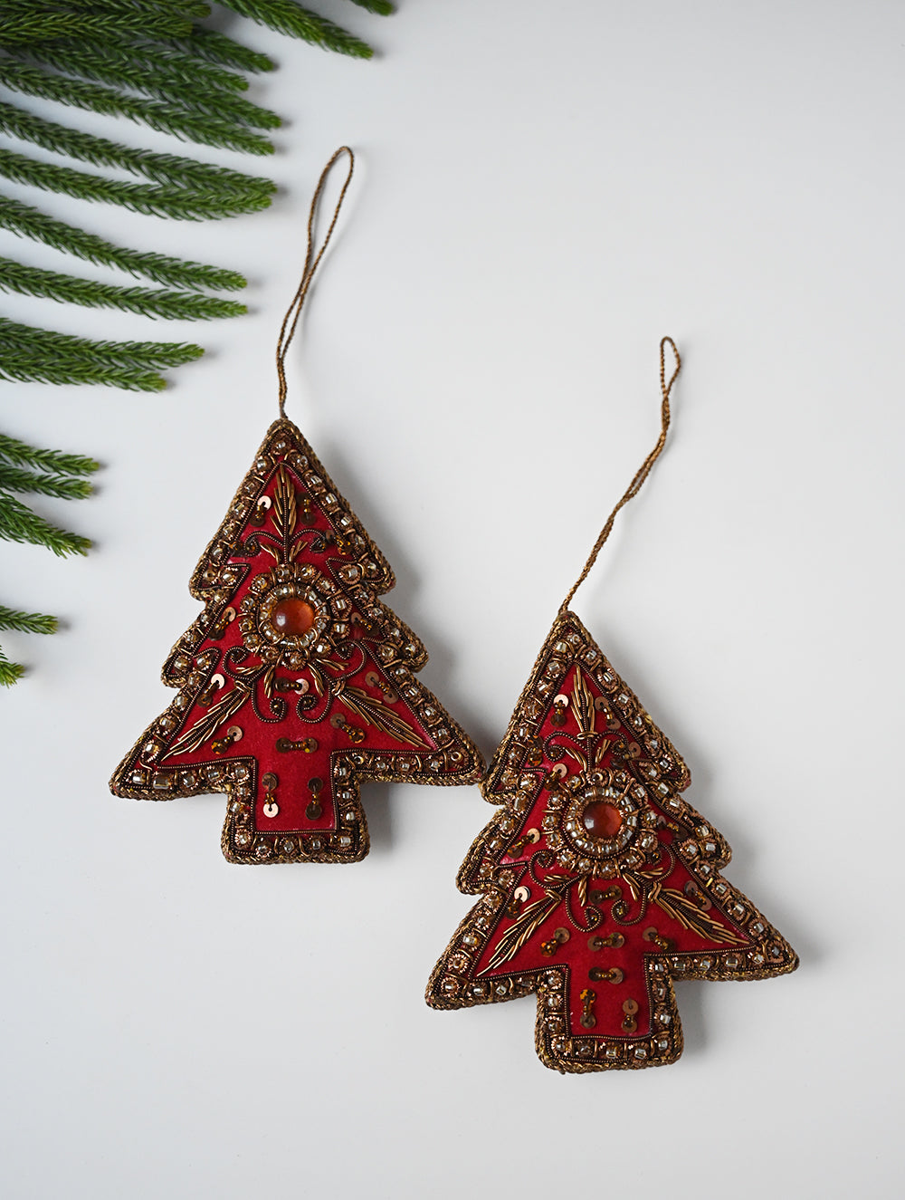 Load image into Gallery viewer, Hand Embroidered Zardozi Xmas Decorations - Red Antique Xmas Trees (Set of 2)