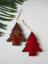 Load image into Gallery viewer, Hand Embroidered Zardozi Xmas Decorations - Red Antique Xmas Trees (Set of 2)