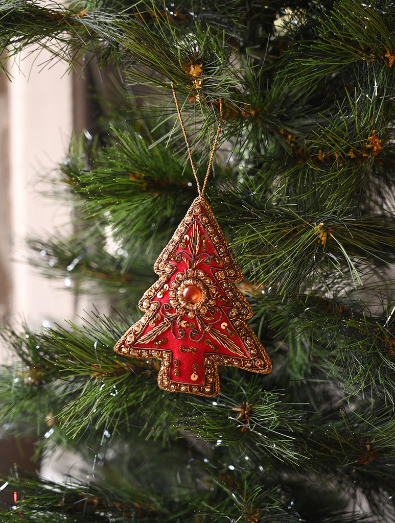 Hand Embroidered Zardozi Xmas Decorations - Red Antique Xmas Trees (Set of 2)