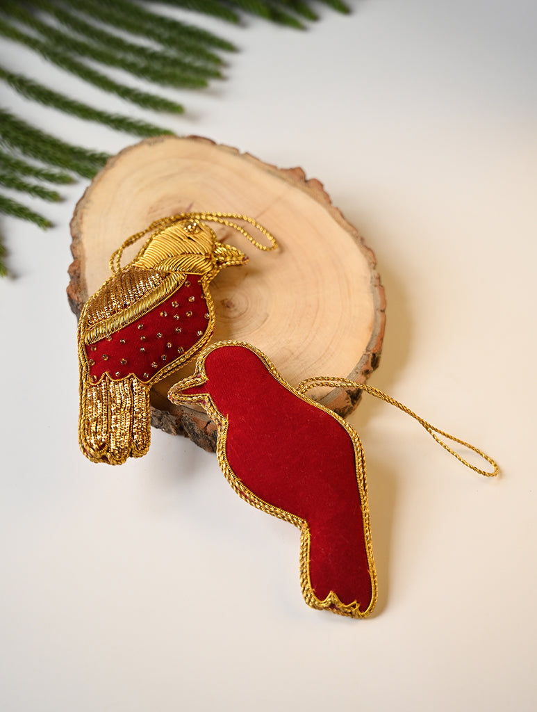 Hand Embroidered Zardozi Xmas Decorations - Red & Gold Birds (Set of 2)