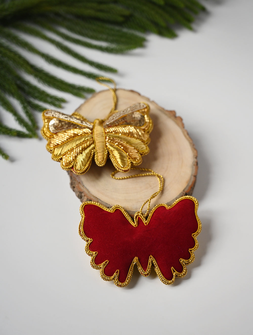 Load image into Gallery viewer, Hand Embroidered Zardozi Xmas Decorations - Red &amp; Gold Butterflies (Set of 2)