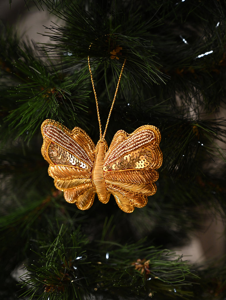 Hand Embroidered Zardozi Xmas Decorations - Red & Gold Butterflies (Set of 2)