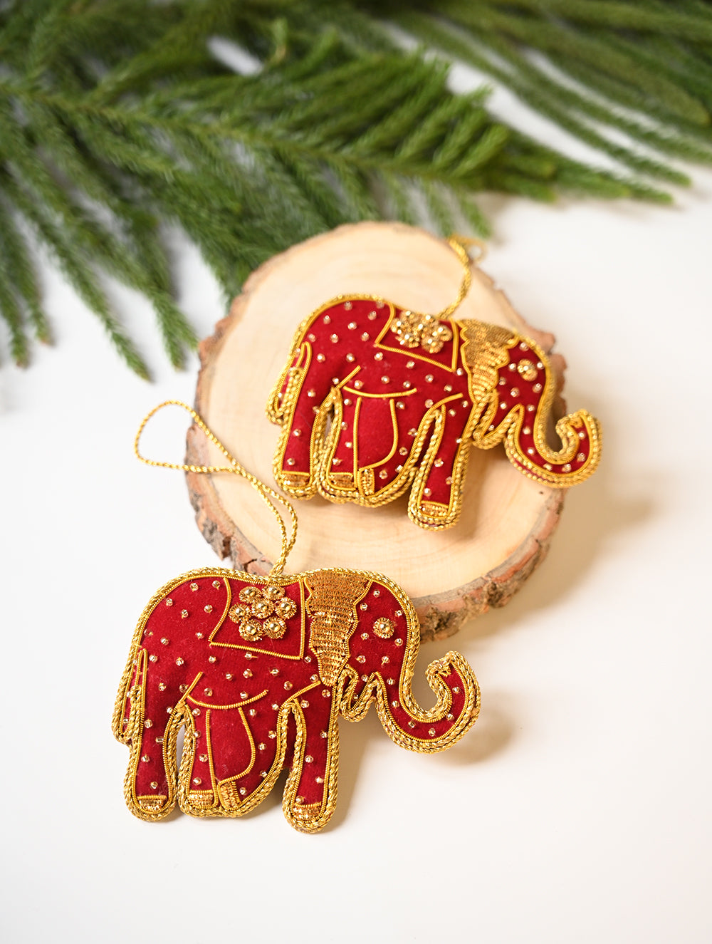 Load image into Gallery viewer, Hand Embroidered Zardozi Xmas Decorations - Red &amp; Gold Elephants (Set of 2)