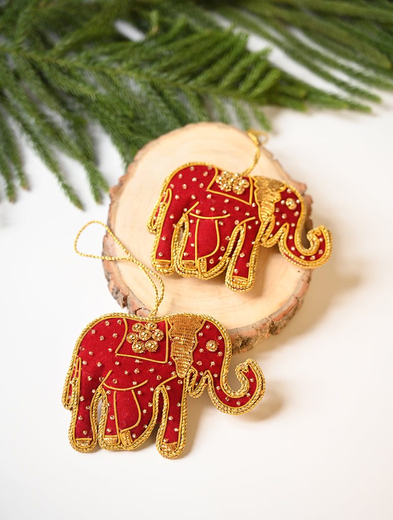 Hand Embroidered Zardozi Xmas Decorations - Red & Gold Elephants (Set of 2)