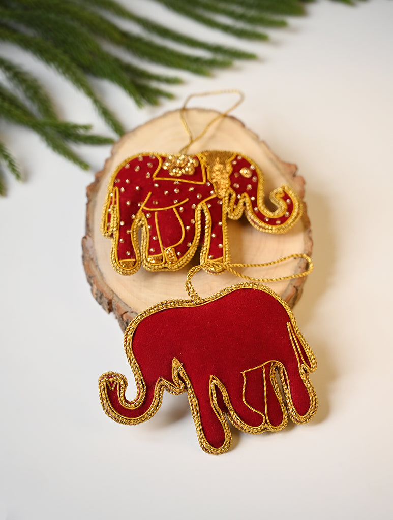 Hand Embroidered Zardozi Xmas Decorations - Red & Gold Elephants (Set of 2)