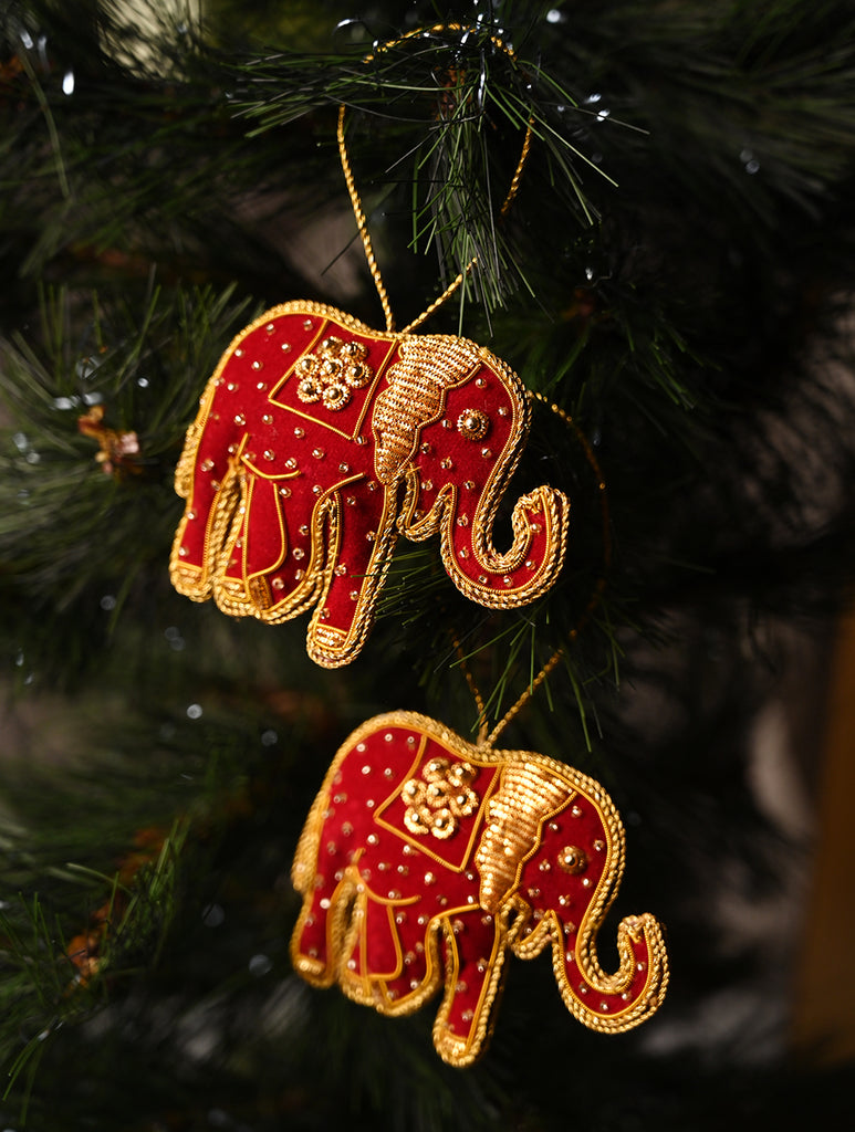 Hand Embroidered Zardozi Xmas Decorations - Red & Gold Elephants (Set of 2)
