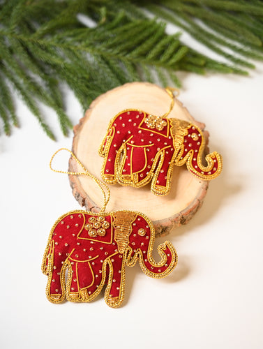 Hand Embroidered Zardozi Xmas Decorations - Red & Gold Elephants (Set of 2)