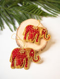 Hand Embroidered Zardozi Xmas Decorations - Red & Gold Elephants (Set of 2)