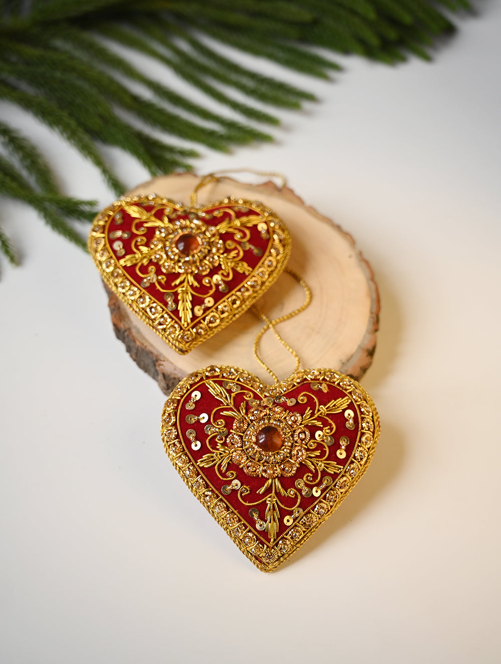 Load image into Gallery viewer, Hand Embroidered Zardozi Xmas Decorations - Red &amp; Gold Hearts (Set of 2)