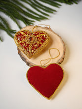 Load image into Gallery viewer, Hand Embroidered Zardozi Xmas Decorations - Red &amp; Gold Hearts (Set of 2)