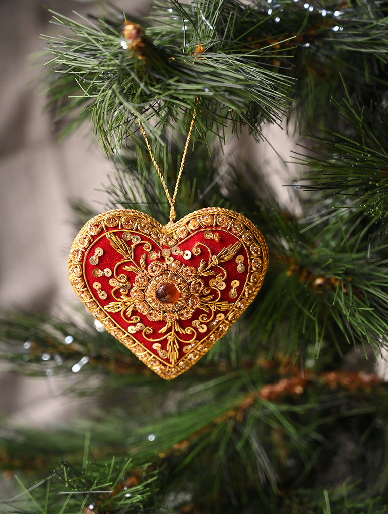 Hand Embroidered Zardozi Xmas Decorations - Red & Gold Hearts (Set of 2)