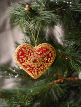 Load image into Gallery viewer, Hand Embroidered Zardozi Xmas Decorations - Red &amp; Gold Hearts (Set of 2)