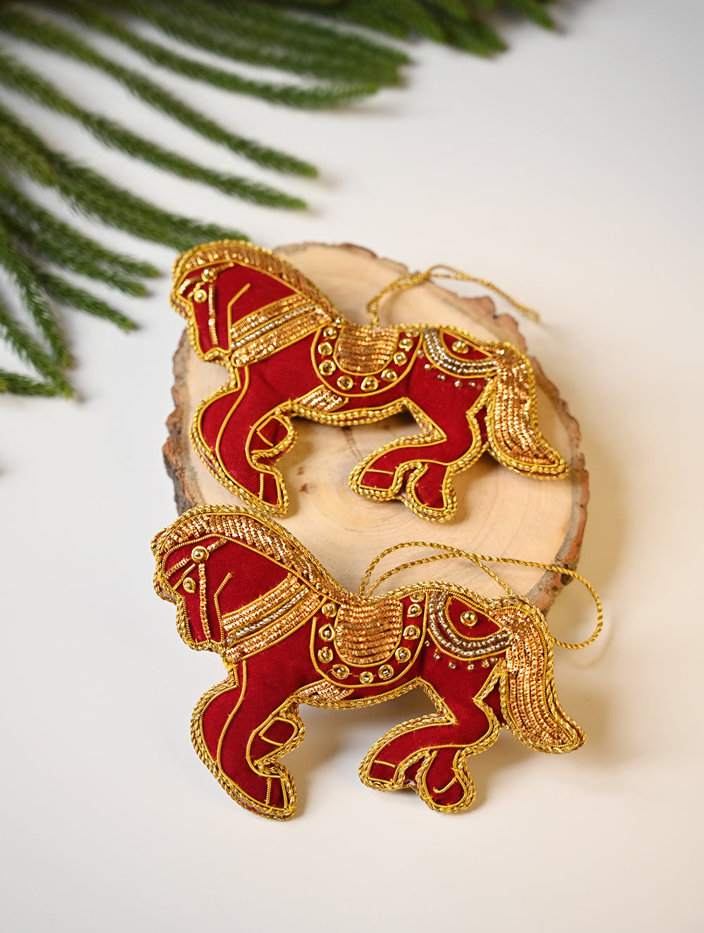 Load image into Gallery viewer, Hand Embroidered Zardozi Xmas Decorations - Red &amp; Gold Horses (Set of 2)