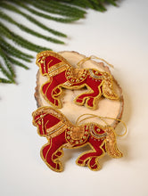 Load image into Gallery viewer, Hand Embroidered Zardozi Xmas Decorations - Red &amp; Gold Horses (Set of 2)