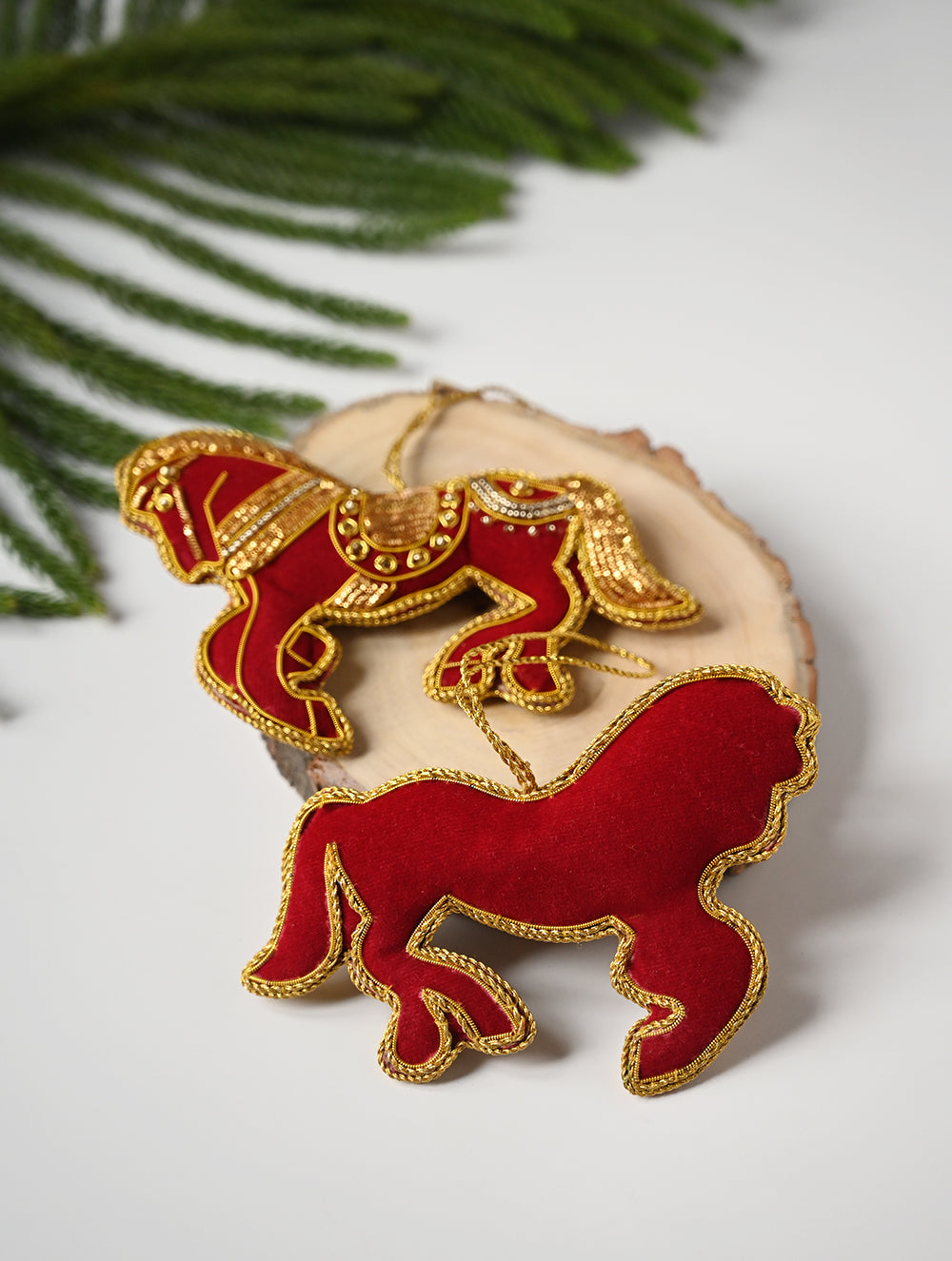Load image into Gallery viewer, Hand Embroidered Zardozi Xmas Decorations - Red &amp; Gold Horses (Set of 2)