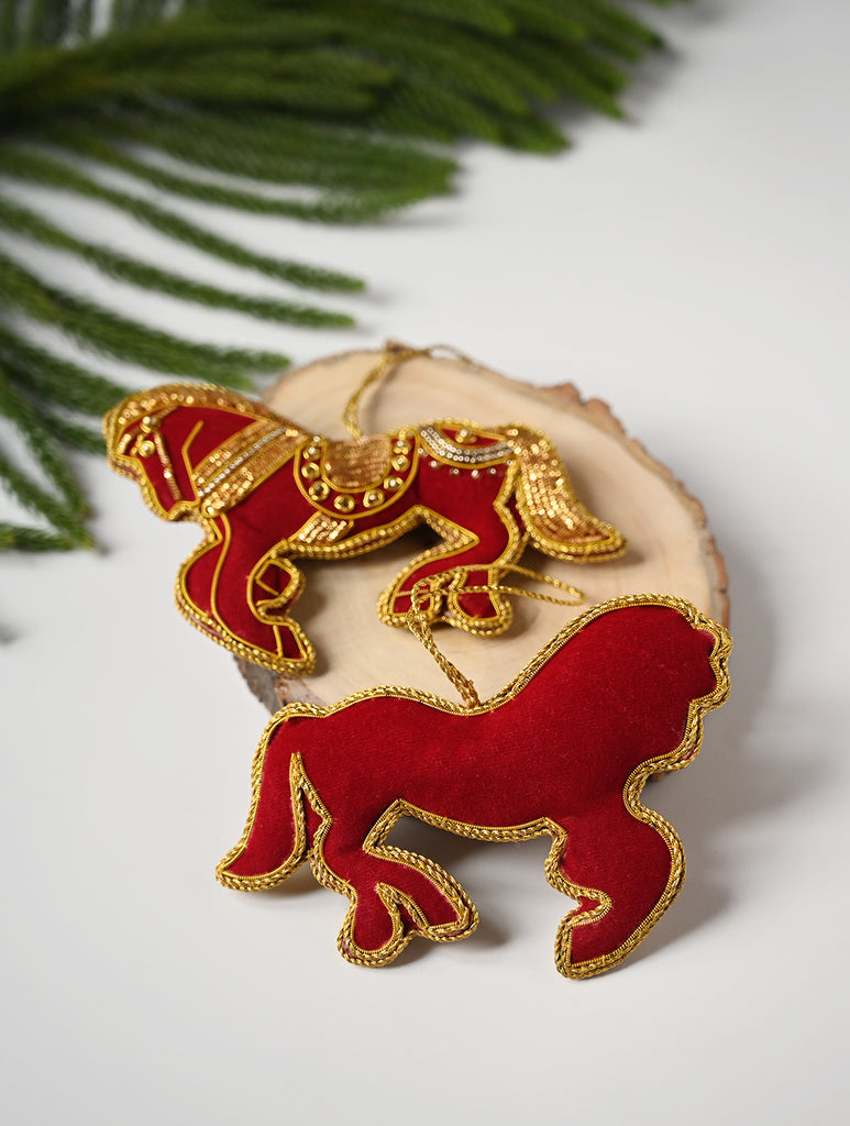 Hand Embroidered Zardozi Xmas Decorations - Red & Gold Horses (Set of 2)