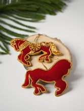 Load image into Gallery viewer, Hand Embroidered Zardozi Xmas Decorations - Red &amp; Gold Horses (Set of 2)