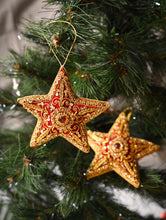 Load image into Gallery viewer, Hand Embroidered Zardozi Xmas Decorations - Red &amp; Gold Stars (Set of 2)