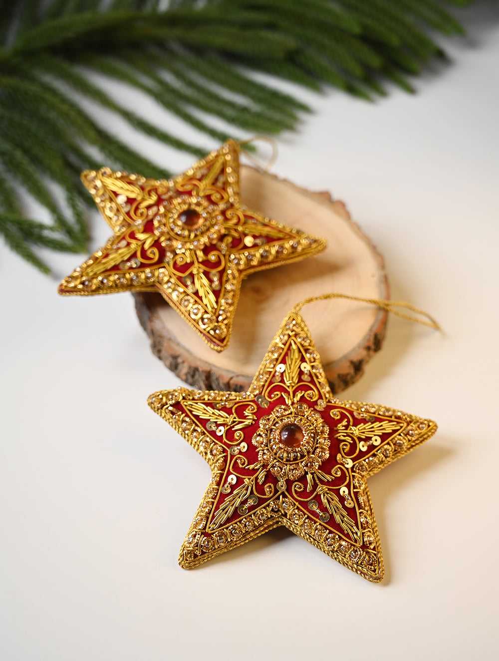 Load image into Gallery viewer, Hand Embroidered Zardozi Xmas Decorations - Red &amp; Gold Stars (Set of 2)