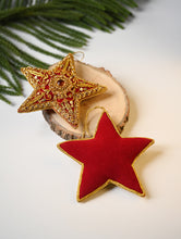 Load image into Gallery viewer, Hand Embroidered Zardozi Xmas Decorations - Red &amp; Gold Stars (Set of 2)