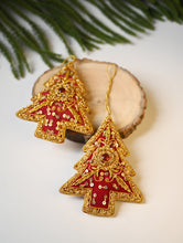 Load image into Gallery viewer, Hand Embroidered Zardozi Xmas Decorations - Red &amp; Gold Xmas Trees (Set of 2)